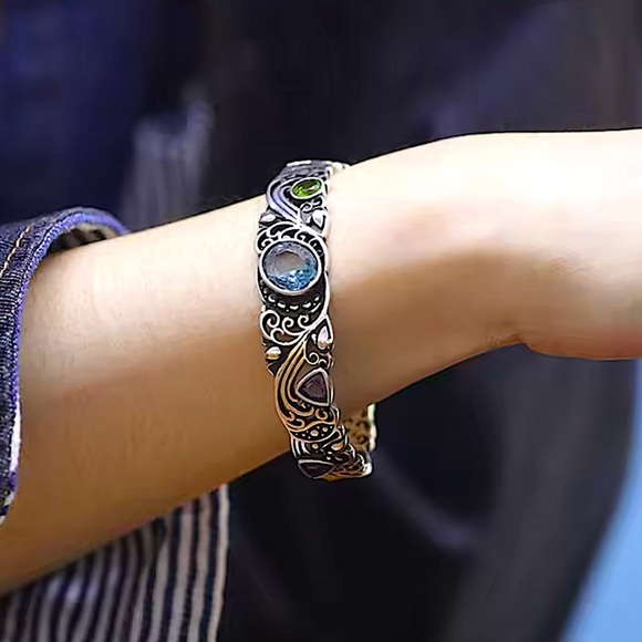 Vintage Sterling Silver Bangle, Multicolor Gemstone Engraved Cuff, Elegant - Picture 3 of 12